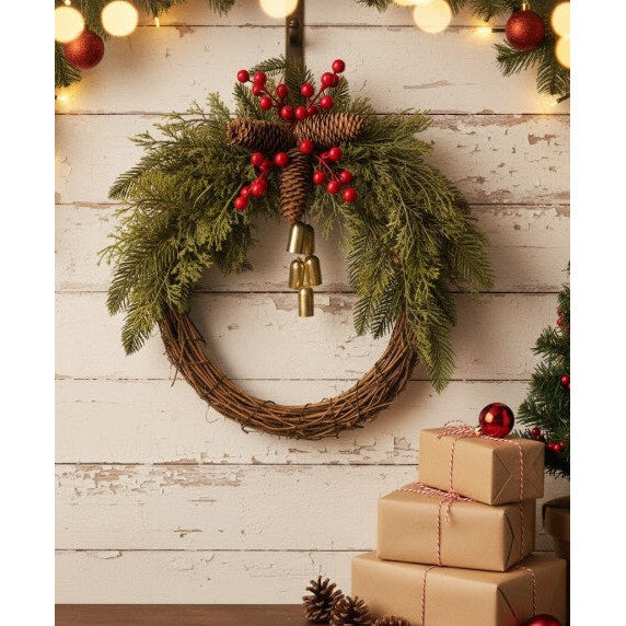 Christmas Wreath – farmhouse boho design, rustic vine base, golden bells