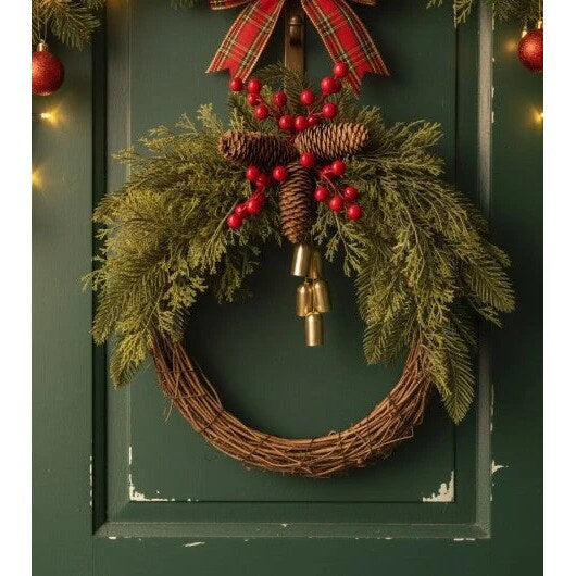 Christmas Wreath – farmhouse boho design, rustic vine base, golden bells