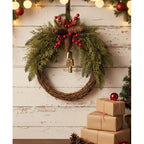 Christmas Wreath – farmhouse boho design, rustic vine base, golden bells