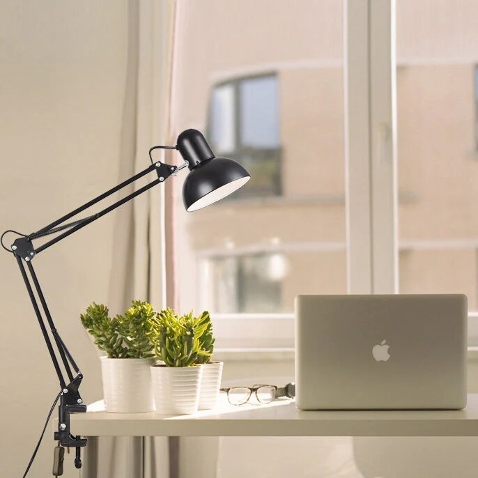 Clamp Table Lamp – adjustable swing arm, metal dome shade