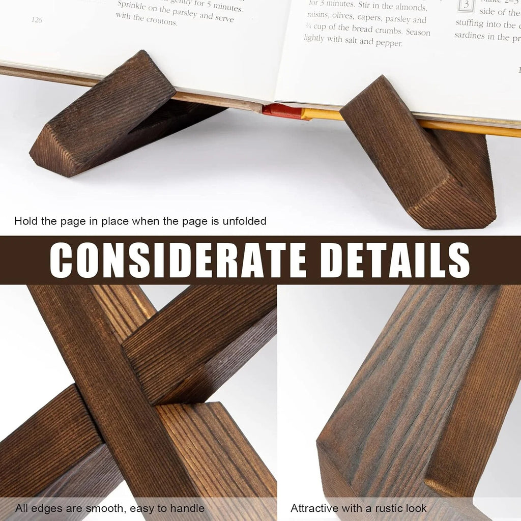 Cookbook Stand – cross-shaped frame, adjustable tilt, dark brown wood