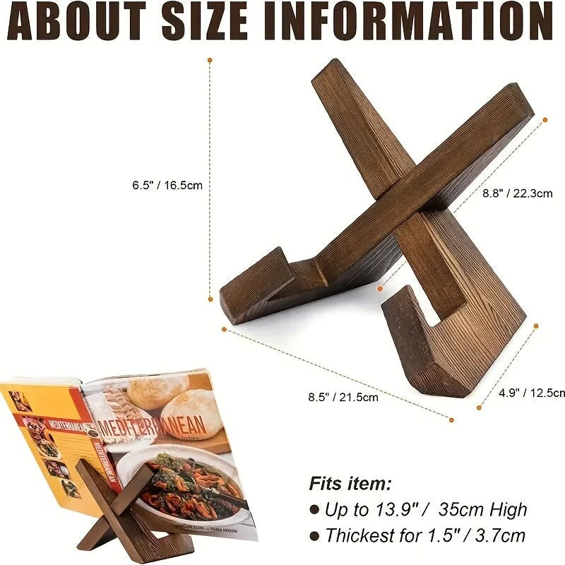Cookbook Stand – cross-shaped frame, adjustable tilt, dark brown wood
