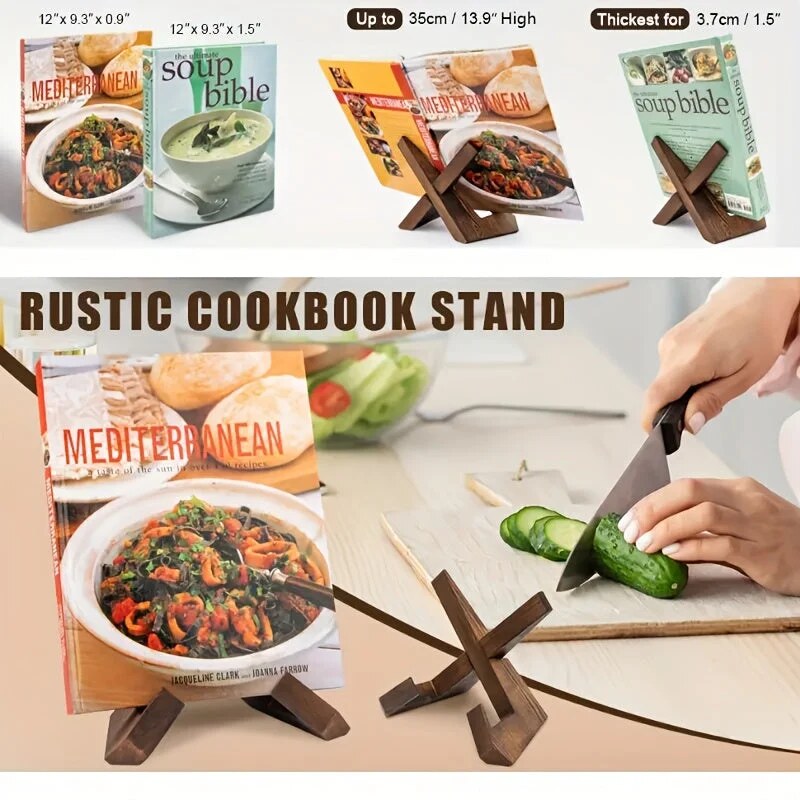 Cookbook Stand – cross-shaped frame, adjustable tilt, dark brown wood