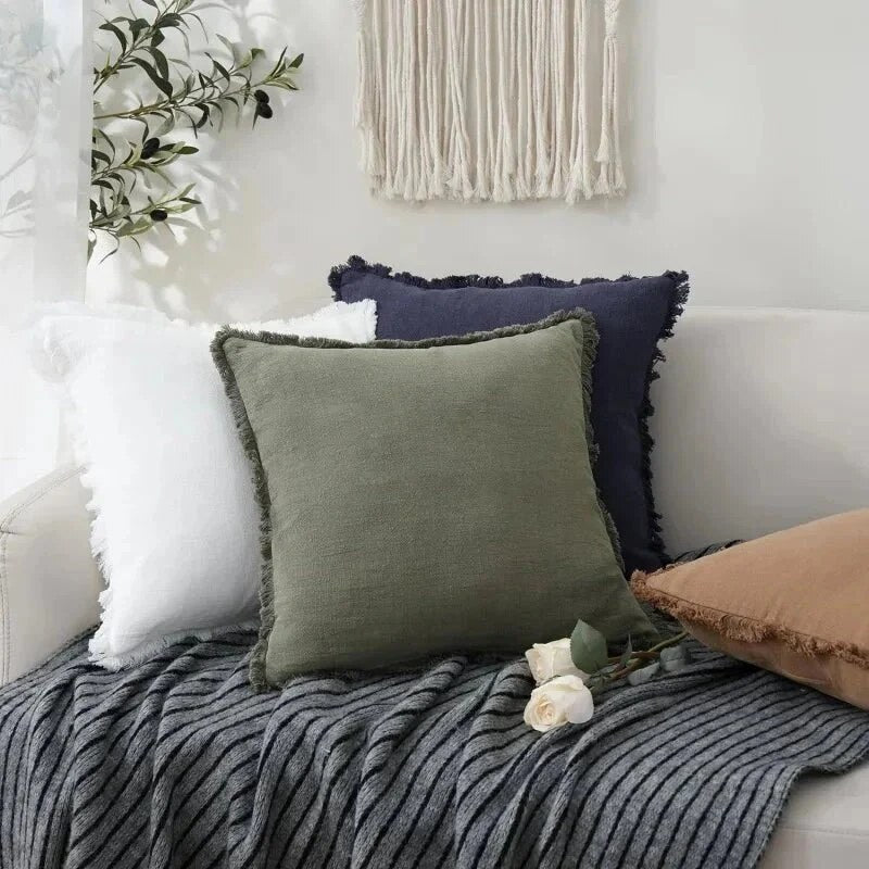Cotton Linen Cushion Covers – fringed edges, soft textured