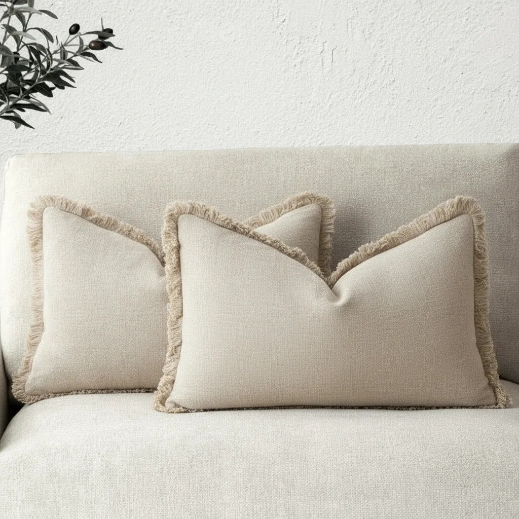 Cotton Linen Cushion Covers – fringed edges, soft textured