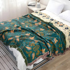 Cotton Throw Blanket – embroidered birds and flowers, reversible