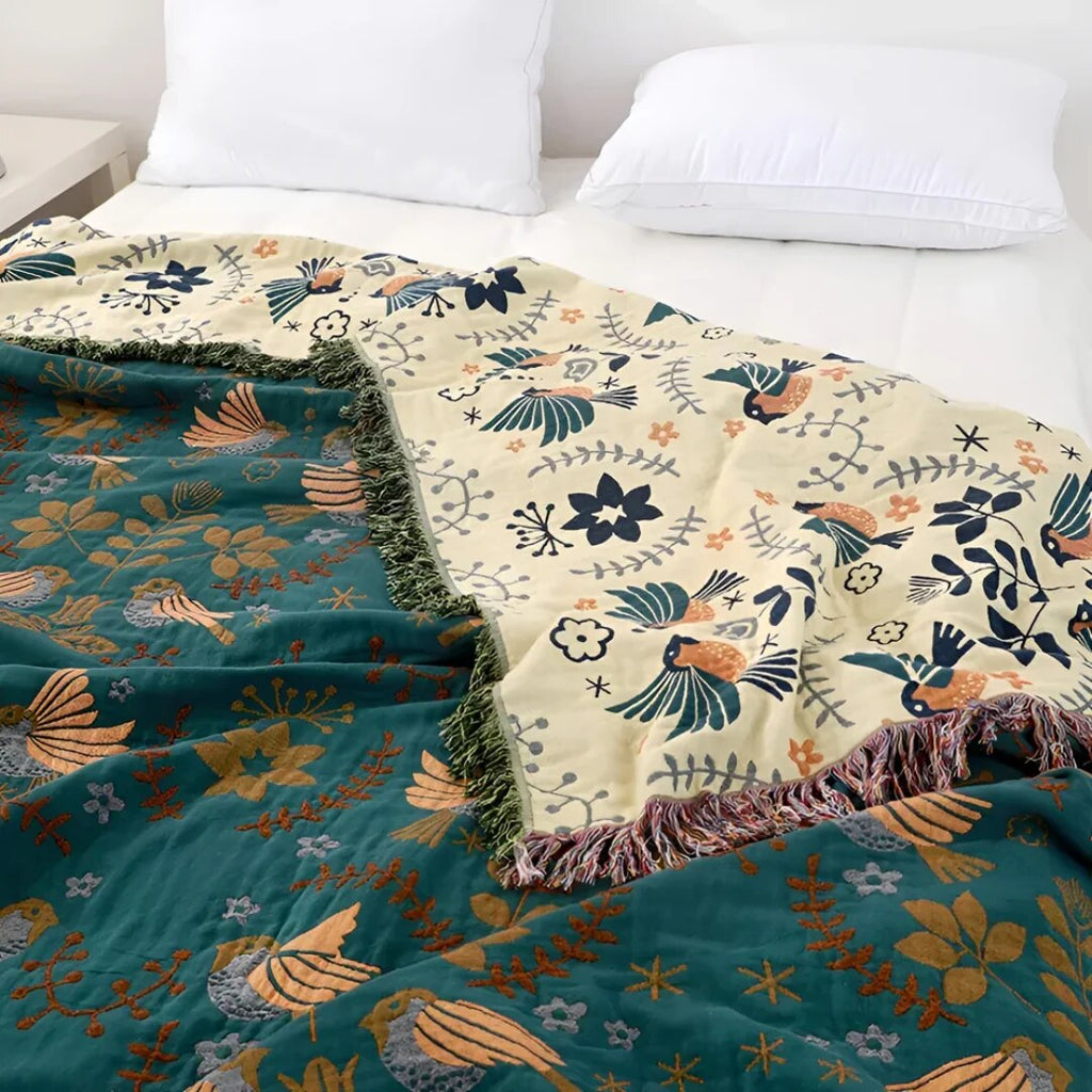 Cotton Throw Blanket – embroidered birds and flowers, reversible