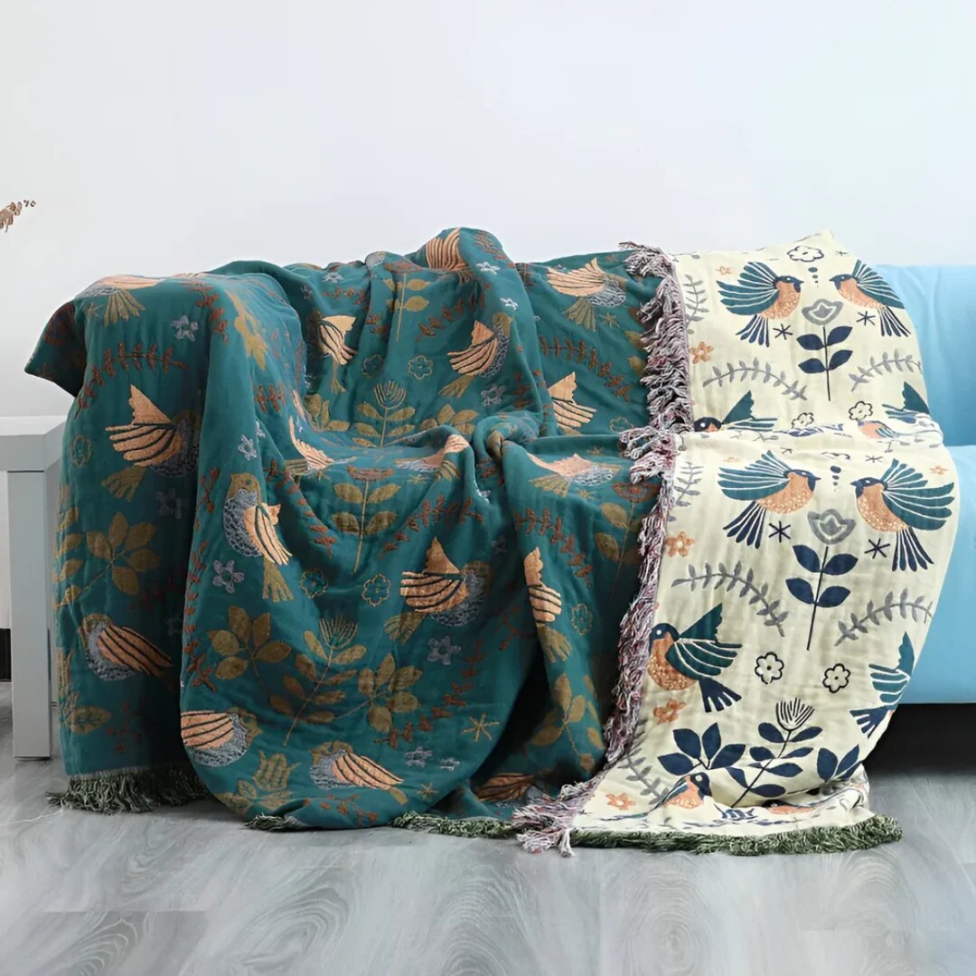 Cotton Throw Blanket – embroidered birds and flowers, reversible