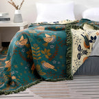 Cotton Throw Blanket – embroidered birds and flowers, reversible