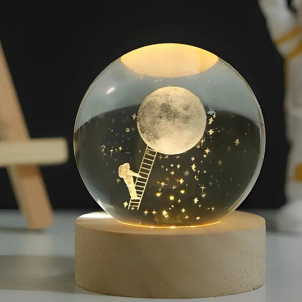 Crystal Ball Night Light – laser engraved, wooden base, warm glow