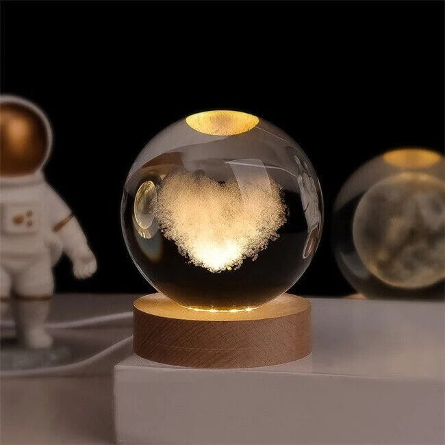 Crystal Ball Night Light – laser engraved, wooden base, warm glow