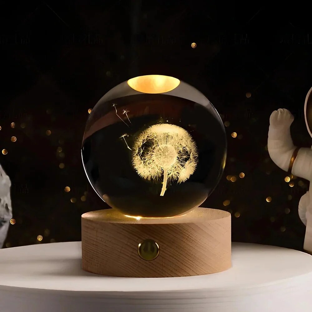 Crystal Ball Night Light – laser engraved, wooden base, warm glow