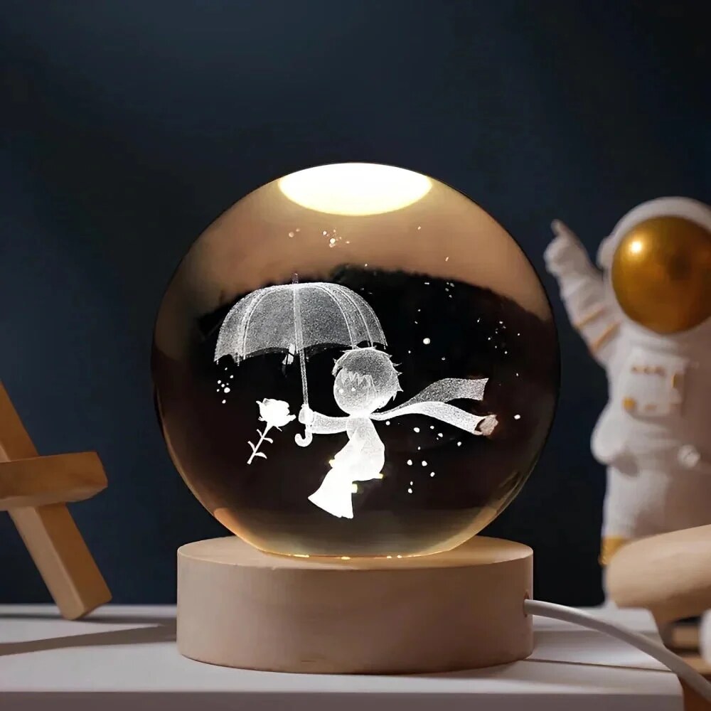 Crystal Ball Night Light – laser engraved, wooden base, warm glow