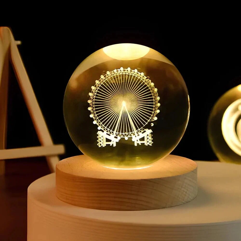 Crystal Ball Night Light – laser engraved, wooden base, warm glow