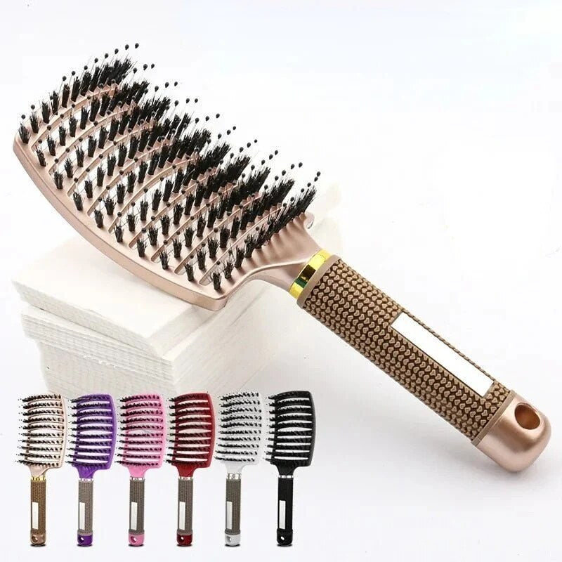 Detangler Hairbrush – soft nylon bristles, rubber grip, wet and dry