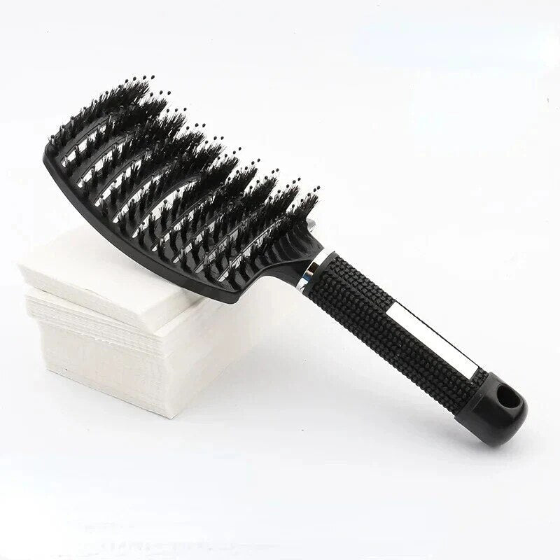 Detangler Hairbrush – soft nylon bristles, rubber grip, wet and dry
