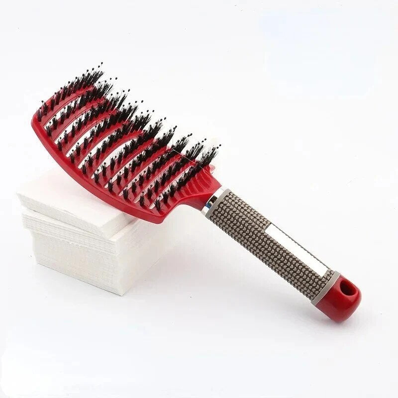 Detangler Hairbrush – soft nylon bristles, rubber grip, wet and dry