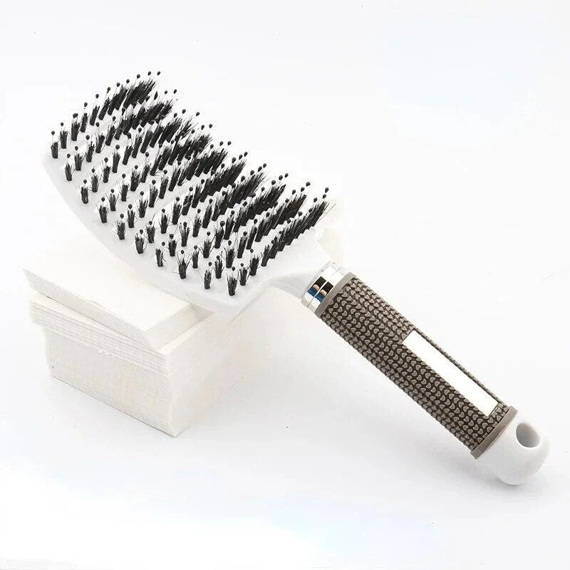 Detangler Hairbrush – soft nylon bristles, rubber grip, wet and dry