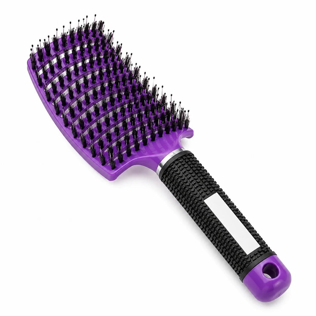 Detangler Hairbrush – soft nylon bristles, rubber grip, wet and dry