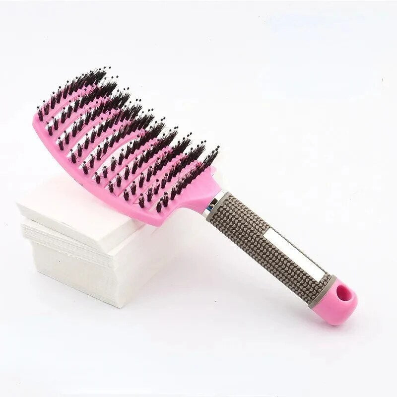 Detangler Hairbrush – soft nylon bristles, rubber grip, wet and dry