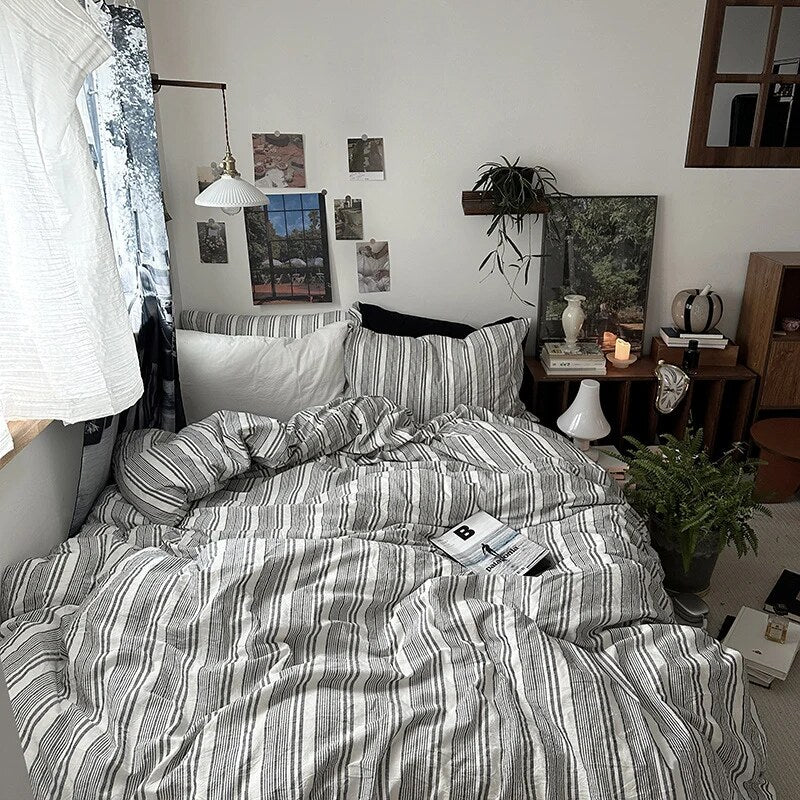 Duvet Cover Set – cotton-linen blend, reversible, fine striped