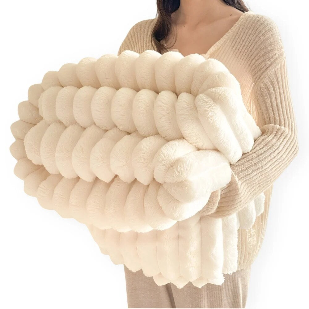Faux Fur Throw Blanket – striped texture, lightweight fleece, sofa or bed