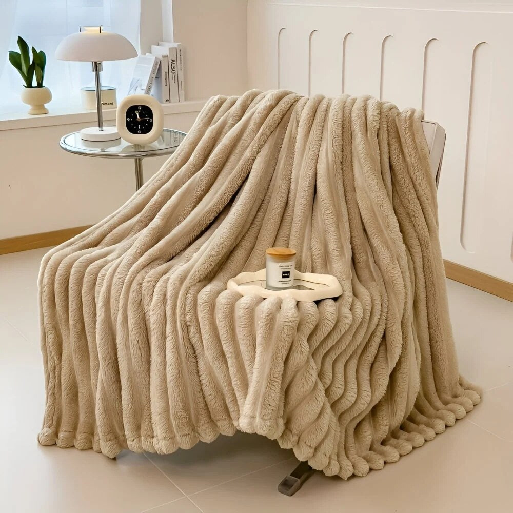 Faux Fur Throw Blanket – striped texture, lightweight fleece, sofa or bed