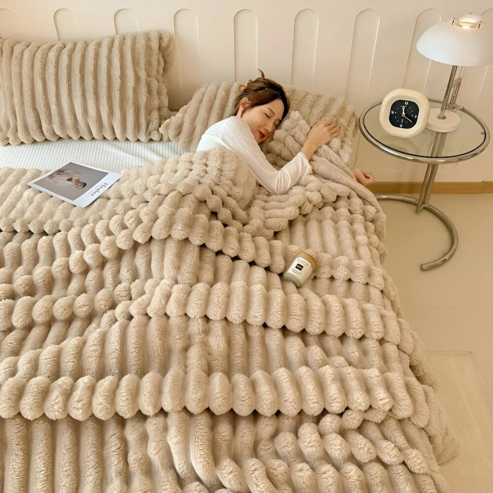 Faux Fur Throw Blanket – striped texture, lightweight fleece, sofa or bed