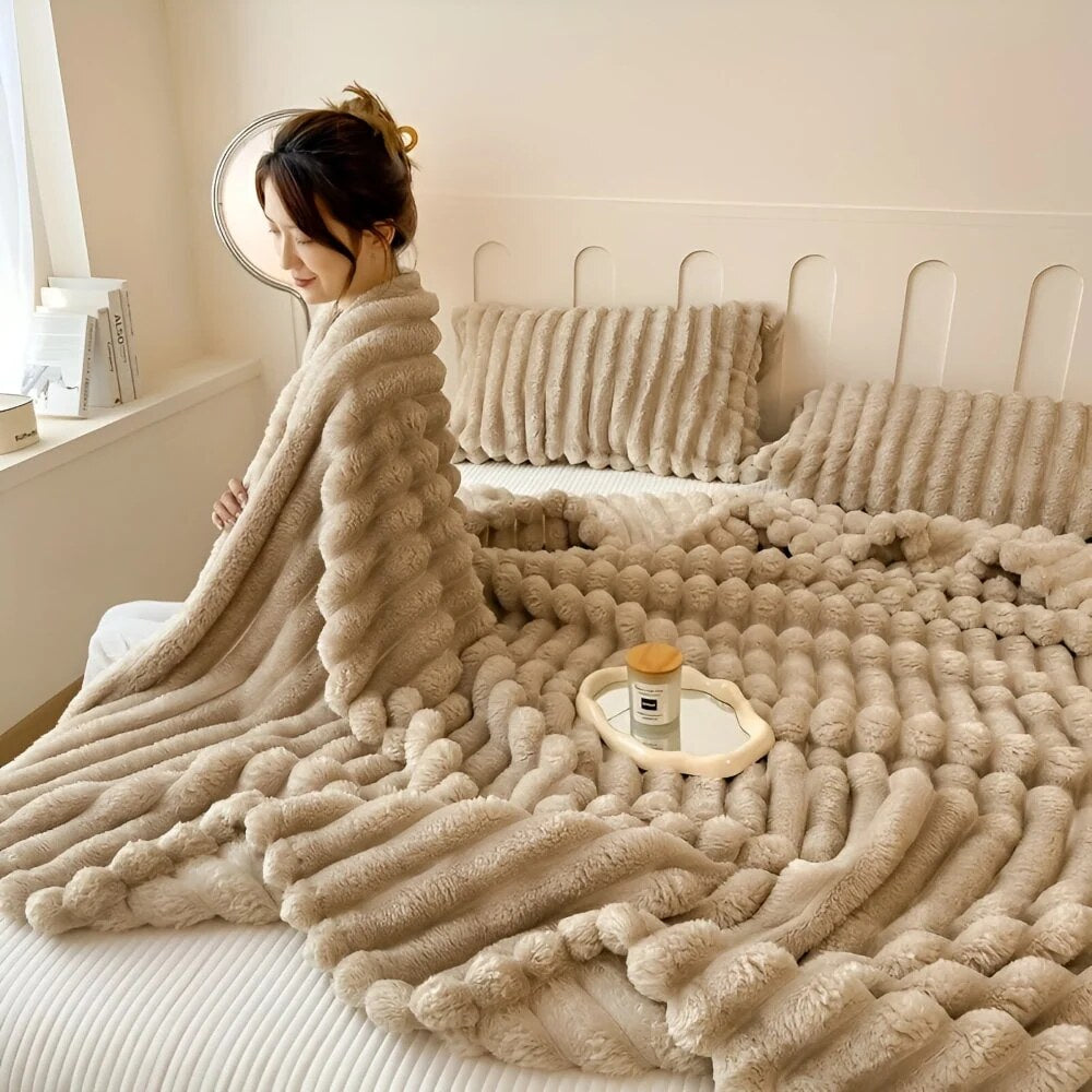 Faux Fur Throw Blanket – striped texture, lightweight fleece, sofa or bed