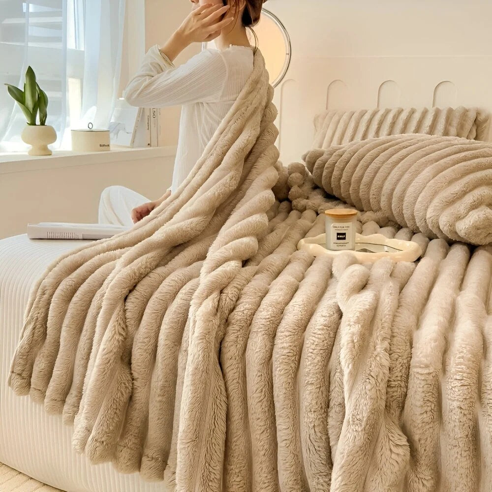 Faux Fur Throw Blanket – striped texture, lightweight fleece, sofa or bed