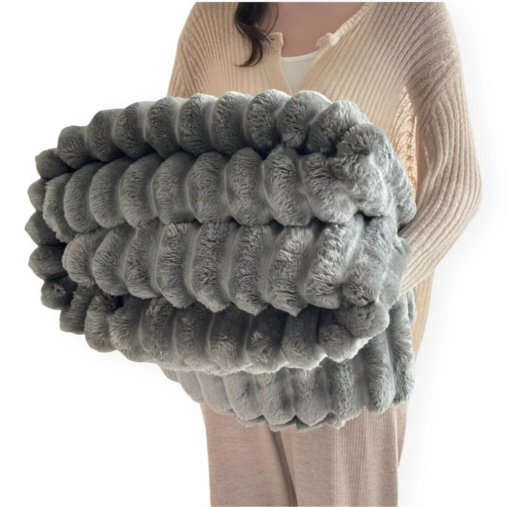 Faux Fur Throw Blanket – striped texture, lightweight fleece, sofa or bed