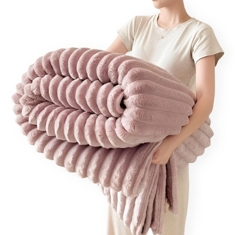 Faux Fur Throw Blanket – striped texture, lightweight fleece, sofa or bed