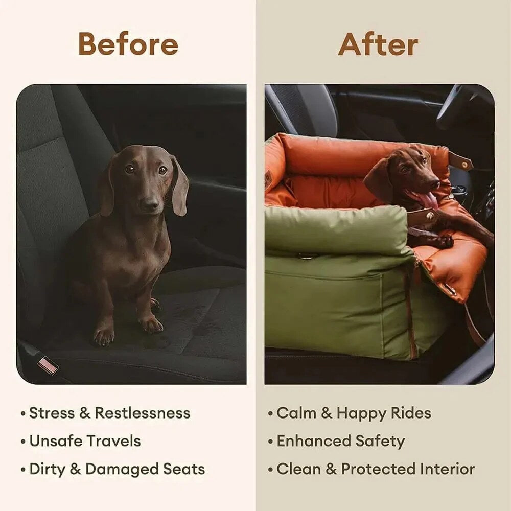 Faux Leather Dog Car Seat – waterproof, adjustable leashes, expandable bed
