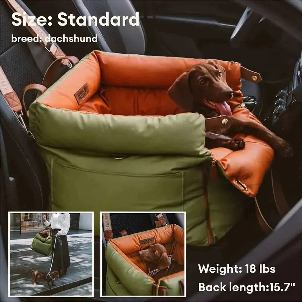 Faux Leather Dog Car Seat – waterproof, adjustable leashes, expandable bed