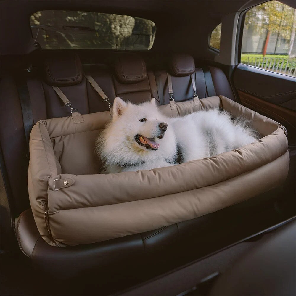 Faux Leather Dog Car Seat – waterproof, adjustable leashes, expandable bed