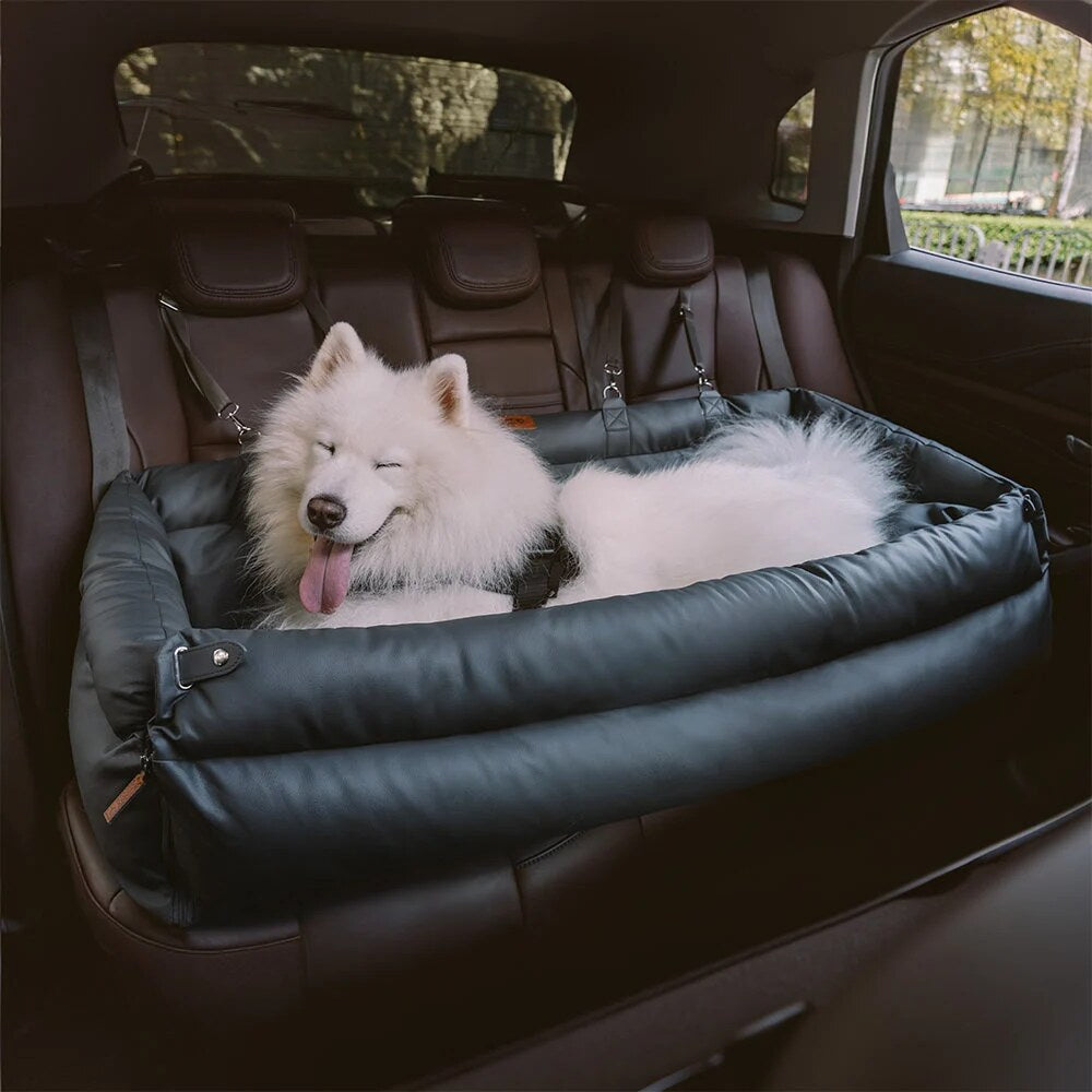 Faux Leather Dog Car Seat – waterproof, adjustable leashes, expandable bed