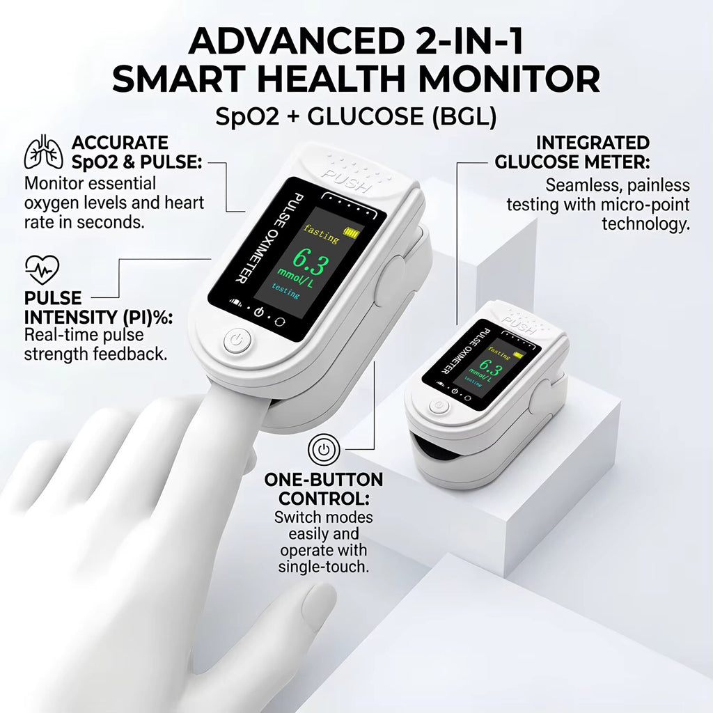 Fingertip Health Monitor – glucose and oxygen tracking, white