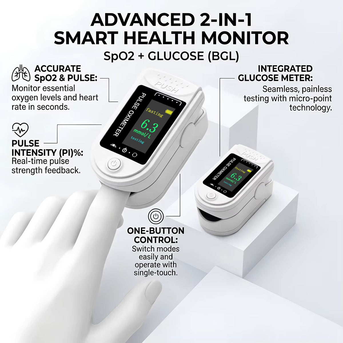 Fingertip Health Monitor – glucose and oxygen tracking, white