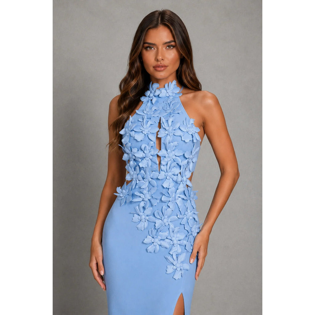 Halter Maxi Dress – floral print, side split, occasion wear