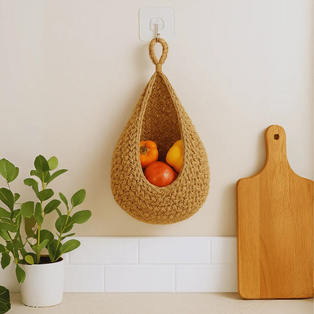 Hanging Fruit Basket – hemp rope, wall mounted, ventilated design