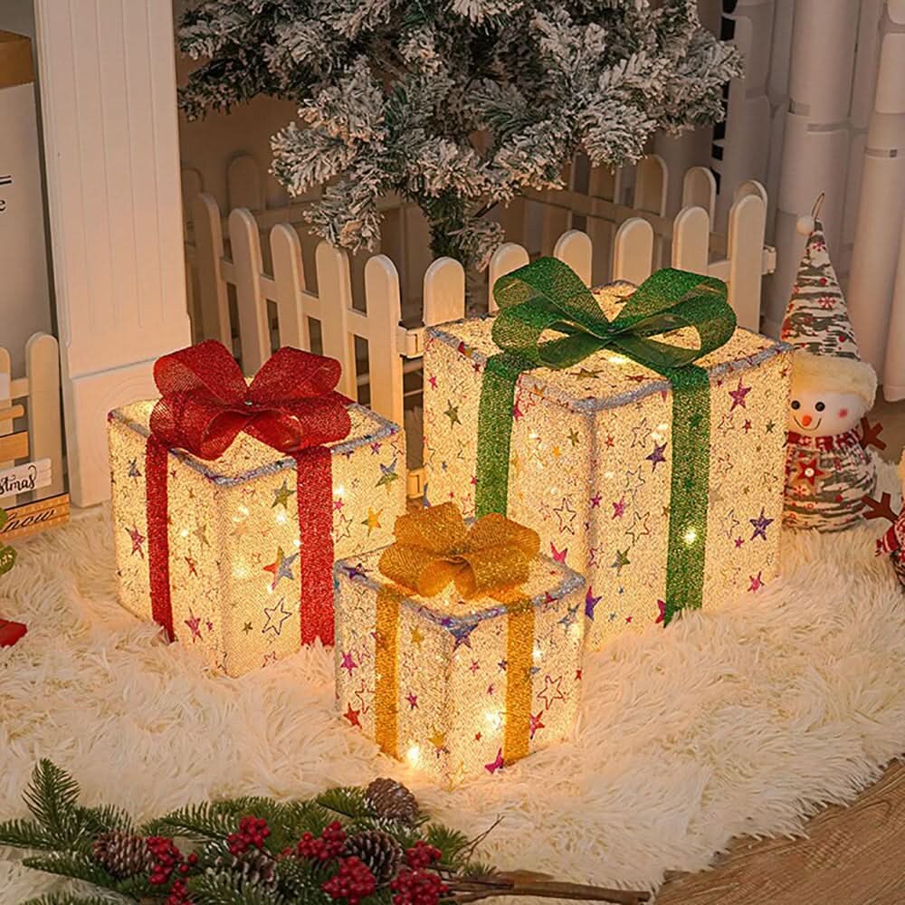 Illuminated Christmas Box Set – warm LED, decorative bows, battery-powered