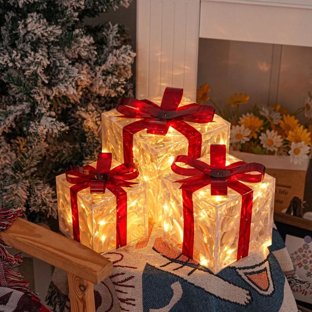 Illuminated Christmas Box Set – warm LED, decorative bows, battery-powered