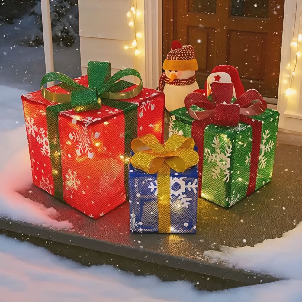 Illuminated Christmas Box Set – warm LED, decorative bows, battery-powered