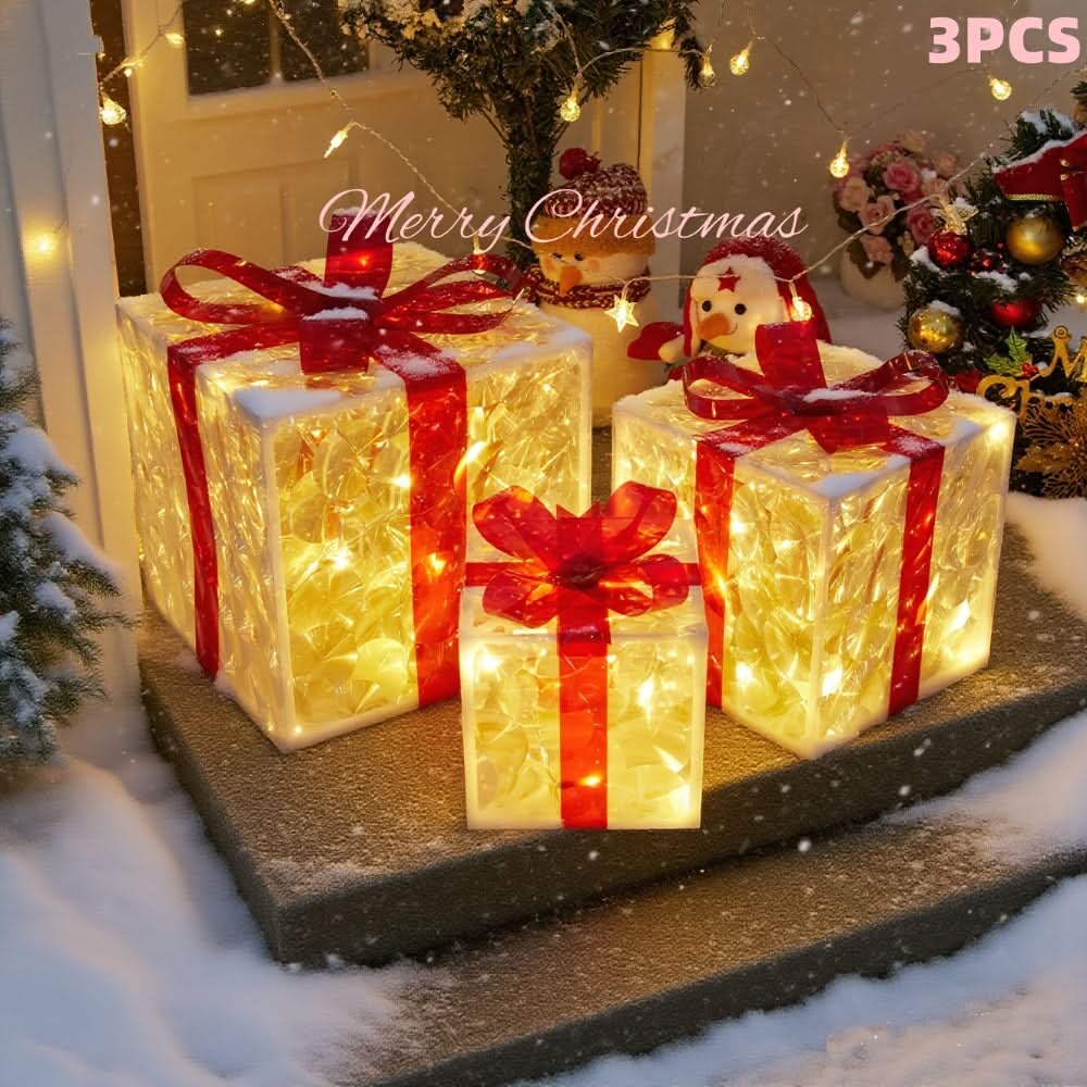 Illuminated Christmas Box Set – warm LED, decorative bows, battery-powered