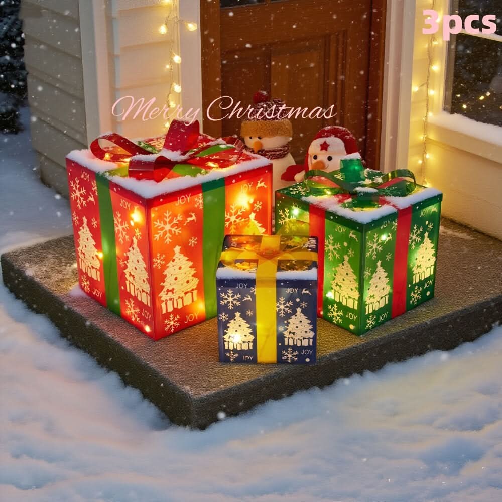Illuminated Christmas Box Set – warm LED, decorative bows, battery-powered