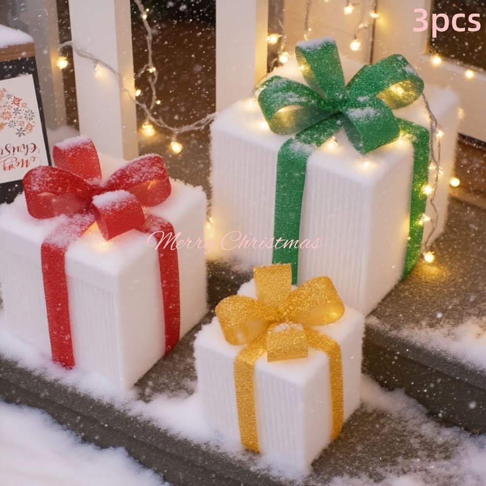 Illuminated Christmas Box Set – warm LED, decorative bows, battery-powered