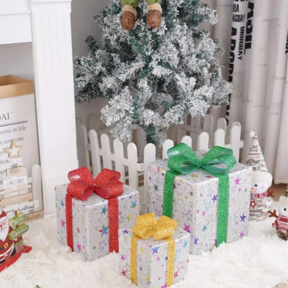 Illuminated Christmas Box Set – warm LED, decorative bows, battery-powered
