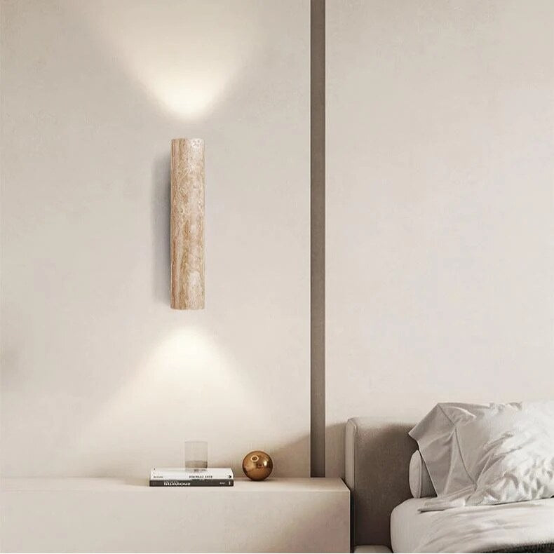 Japandi Travertine Wall Light – natural stone, warm glow, adjustable height