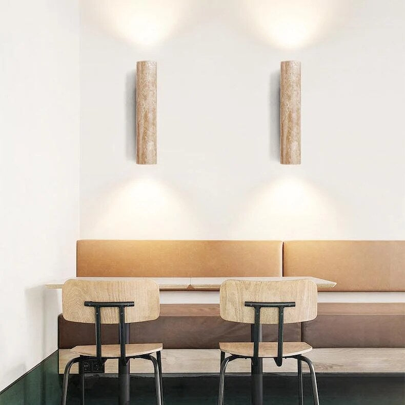 Japandi Travertine Wall Light – natural stone, warm glow, adjustable height