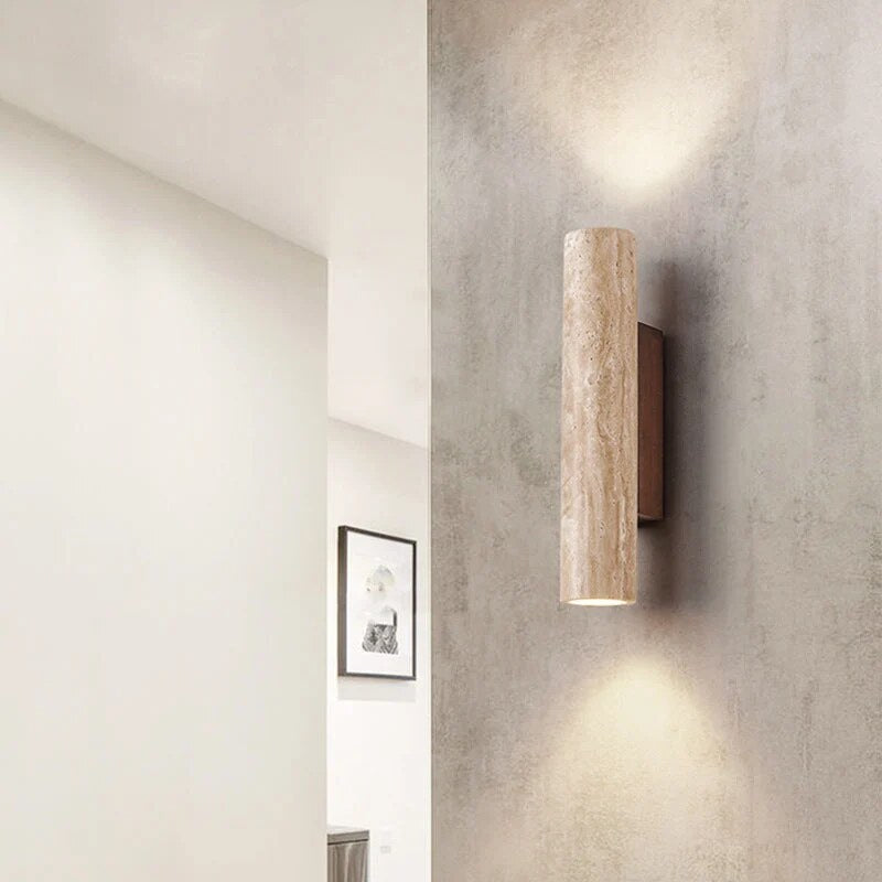 Japandi Travertine Wall Light – natural stone, warm glow, adjustable height